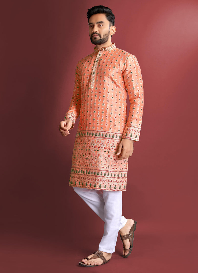 Prazu Fashion Orange Jacquard Silk Amboj Work Kurta - Distacart
