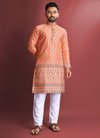 Prazu Fashion Orange Jacquard Silk Amboj Work Kurta - Distacart