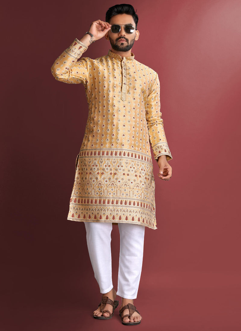 Prazu Fashion Light Yellow Jacquard Silk Amboj Work Kurta - Distacart