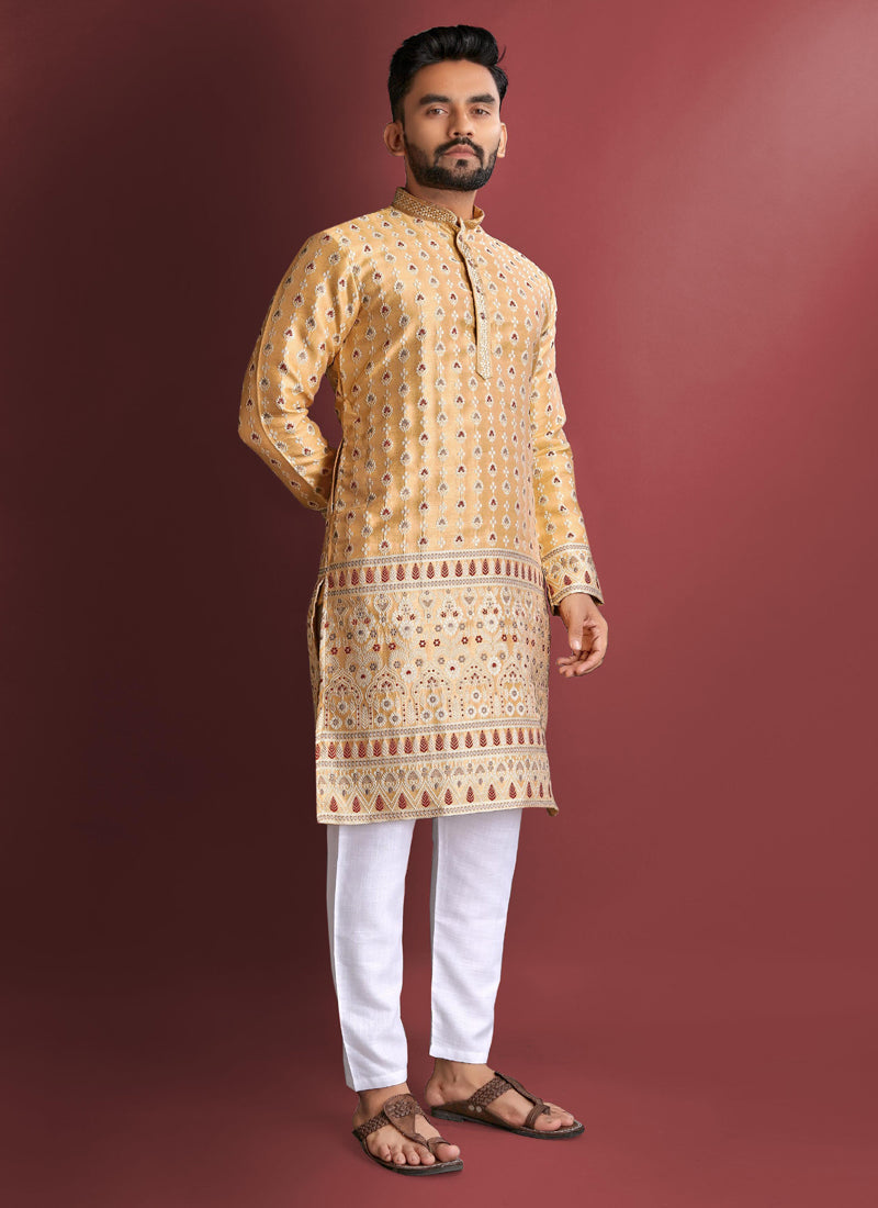 Prazu Fashion Light Yellow Jacquard Silk Amboj Work Kurta - Distacart