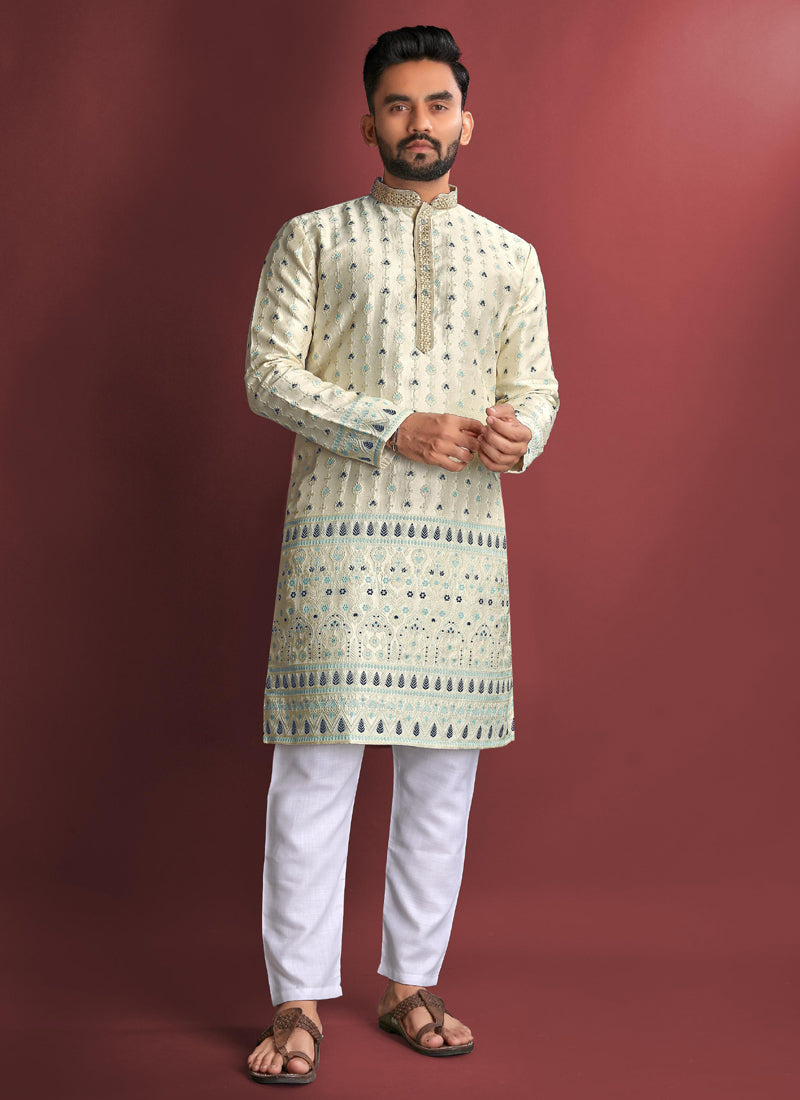 Prazu Fashion Off White Jacquard Silk Amboj Work Kurta - Distacart