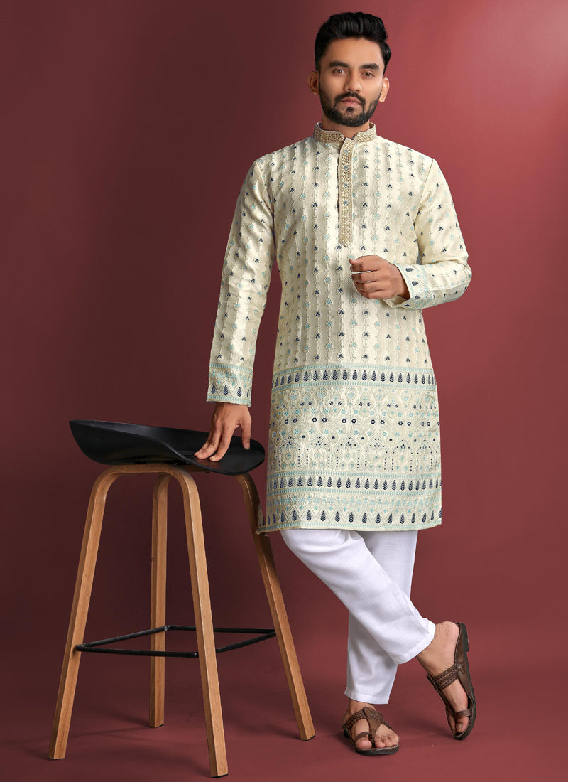 Prazu Fashion Off White Jacquard Silk Amboj Work Kurta - Distacart