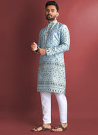 Prazu Fashion Sky Blue Jacquard Silk Amboj Work Kurta - Distacart