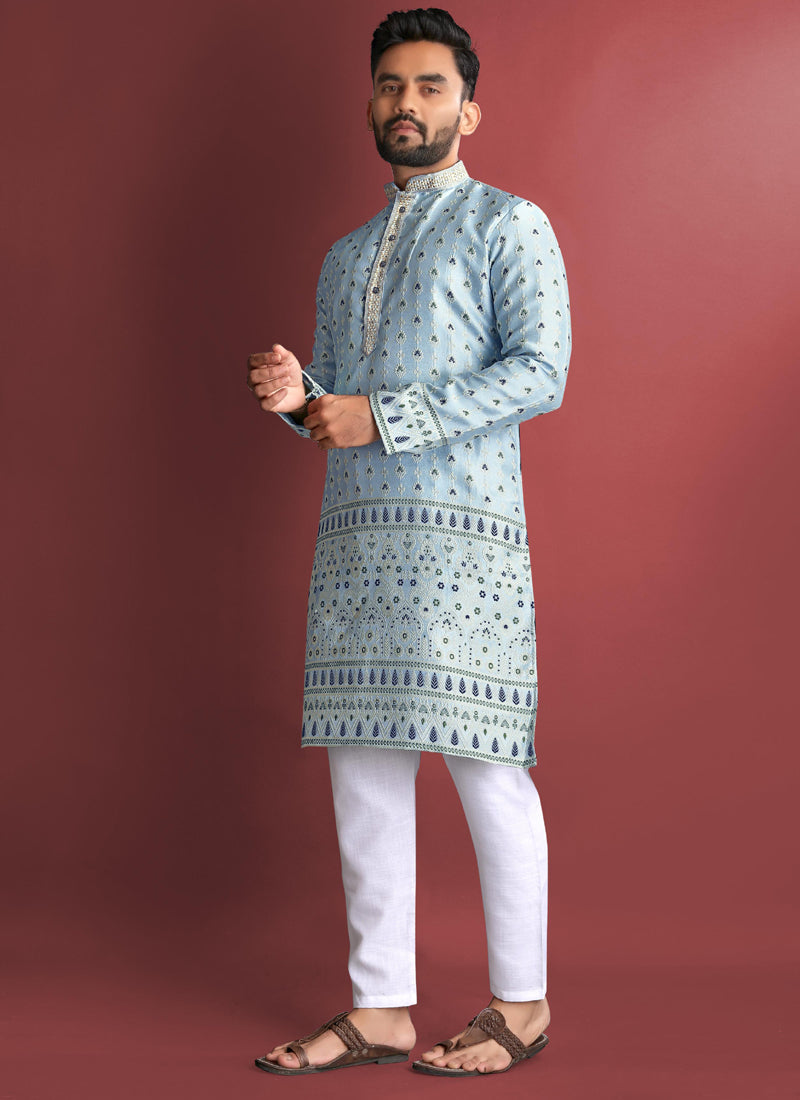 Prazu Fashion Sky Blue Jacquard Silk Amboj Work Kurta - Distacart