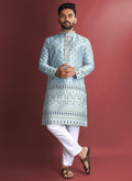 Prazu Fashion Sky Blue Jacquard Silk Amboj Work Kurta - Distacart