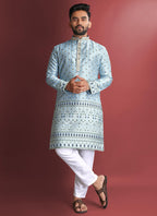 Prazu Fashion Sky Blue Jacquard Silk Amboj Work Kurta - Distacart