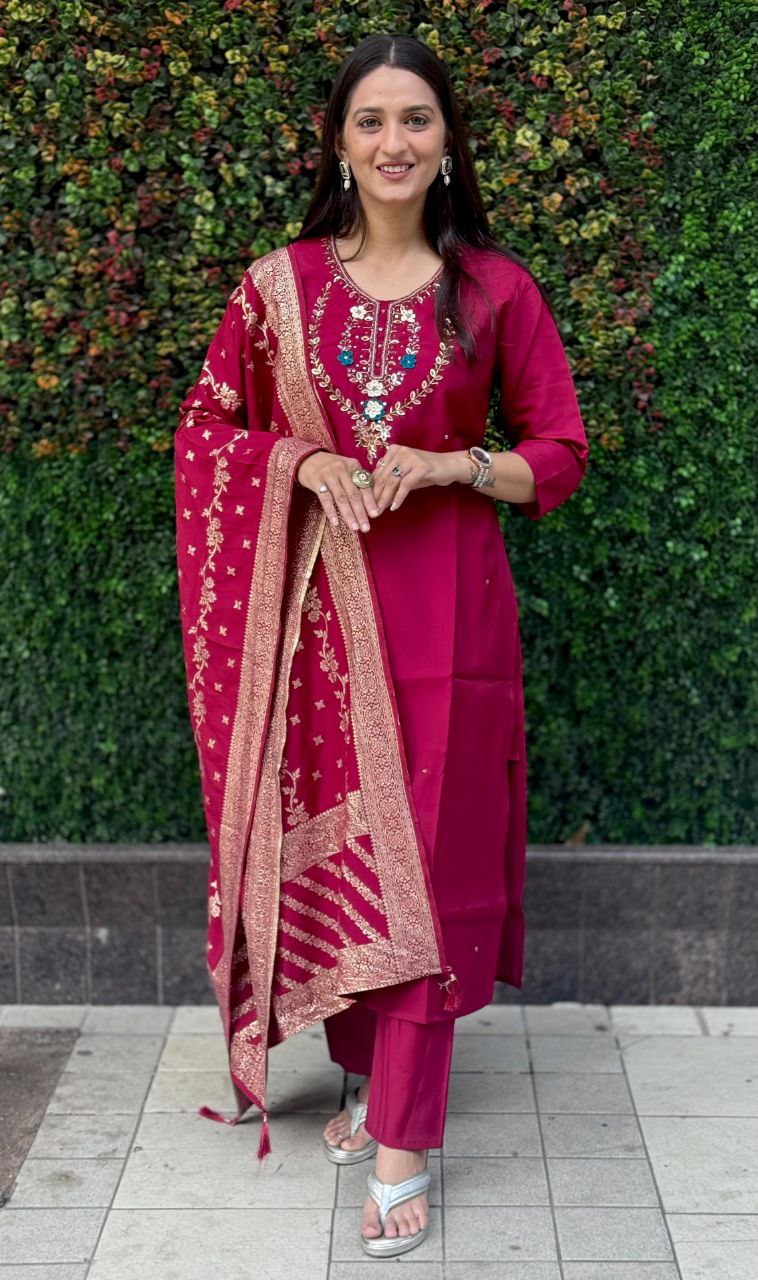 Lorenvalley Fashion Maroon Roman Silk Hand Work Kurta Pant with Dupatta - Distacart