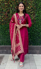 Lorenvalley Fashion Maroon Roman Silk Hand Work Kurta Pant with Dupatta - Distacart
