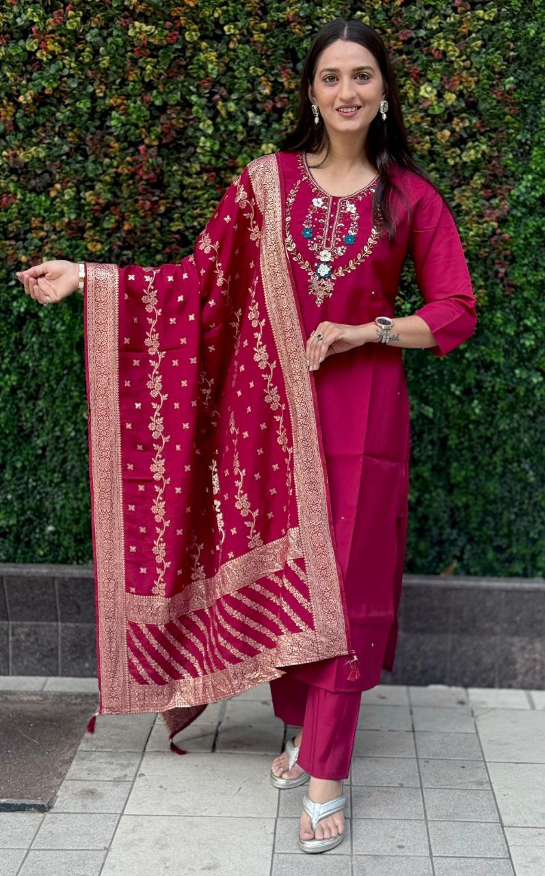 Lorenvalley Fashion Maroon Roman Silk Hand Work Kurta Pant with Dupatta - Distacart
