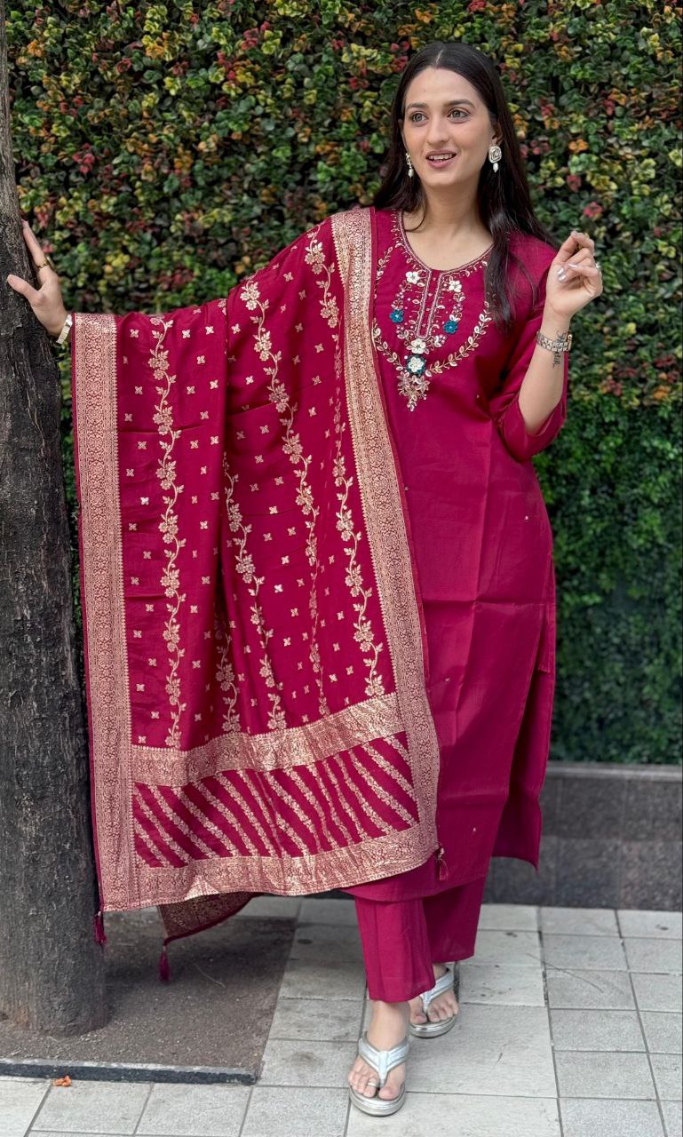 Lorenvalley Fashion Maroon Roman Silk Hand Work Kurta Pant with Dupatta - Distacart