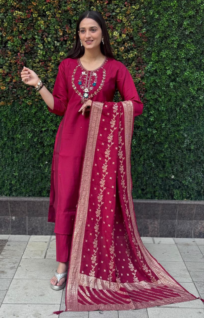 Lorenvalley Fashion Maroon Roman Silk Hand Work Kurta Pant with Dupatta - Distacart