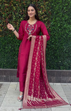 Lorenvalley Fashion Maroon Roman Silk Hand Work Kurta Pant with Dupatta - Distacart