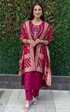 Lorenvalley Fashion Maroon Roman Silk Hand Work Kurta Pant with Dupatta - Distacart