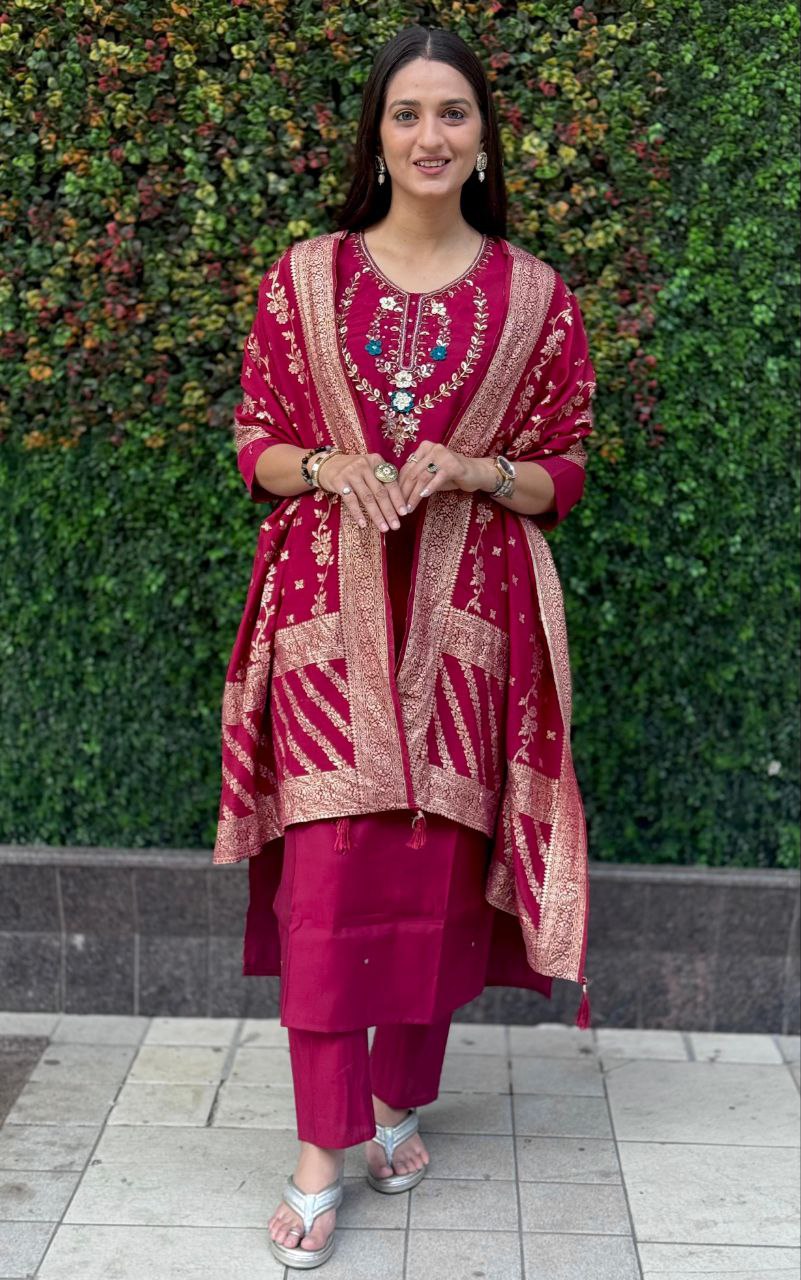 Lorenvalley Fashion Maroon Roman Silk Hand Work Kurta Pant with Dupatta - Distacart