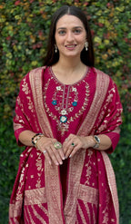 Lorenvalley Fashion Maroon Roman Silk Hand Work Kurta Pant with Dupatta - Distacart