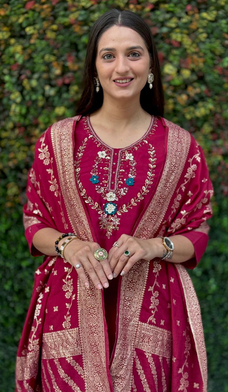 Lorenvalley Fashion Maroon Roman Silk Hand Work Kurta Pant with Dupatta - Distacart