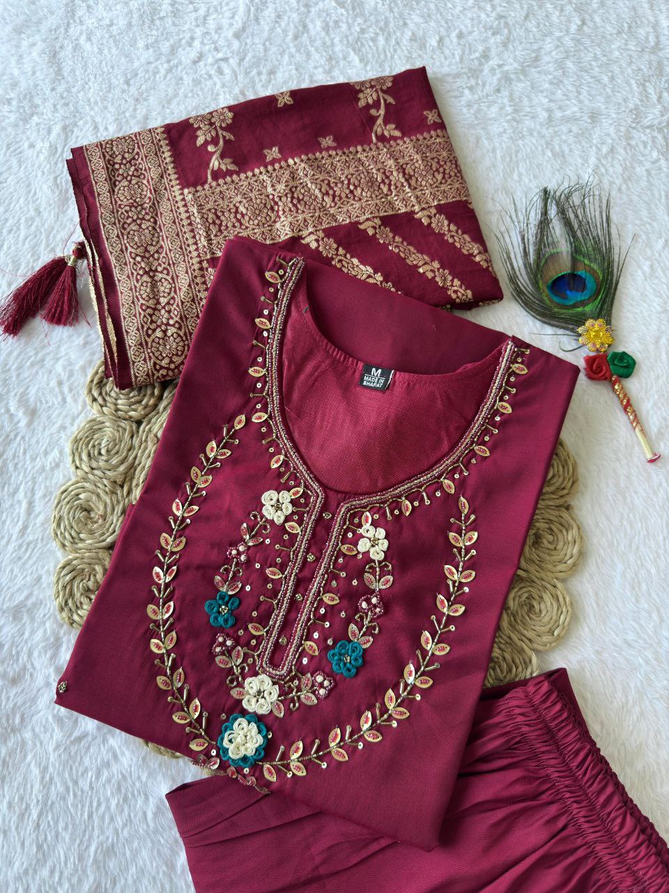 Lorenvalley Fashion Maroon Roman Silk Hand Work Kurta Pant with Dupatta - Distacart