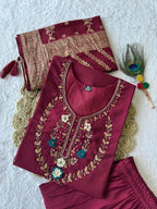 Lorenvalley Fashion Maroon Roman Silk Hand Work Kurta Pant with Dupatta - Distacart