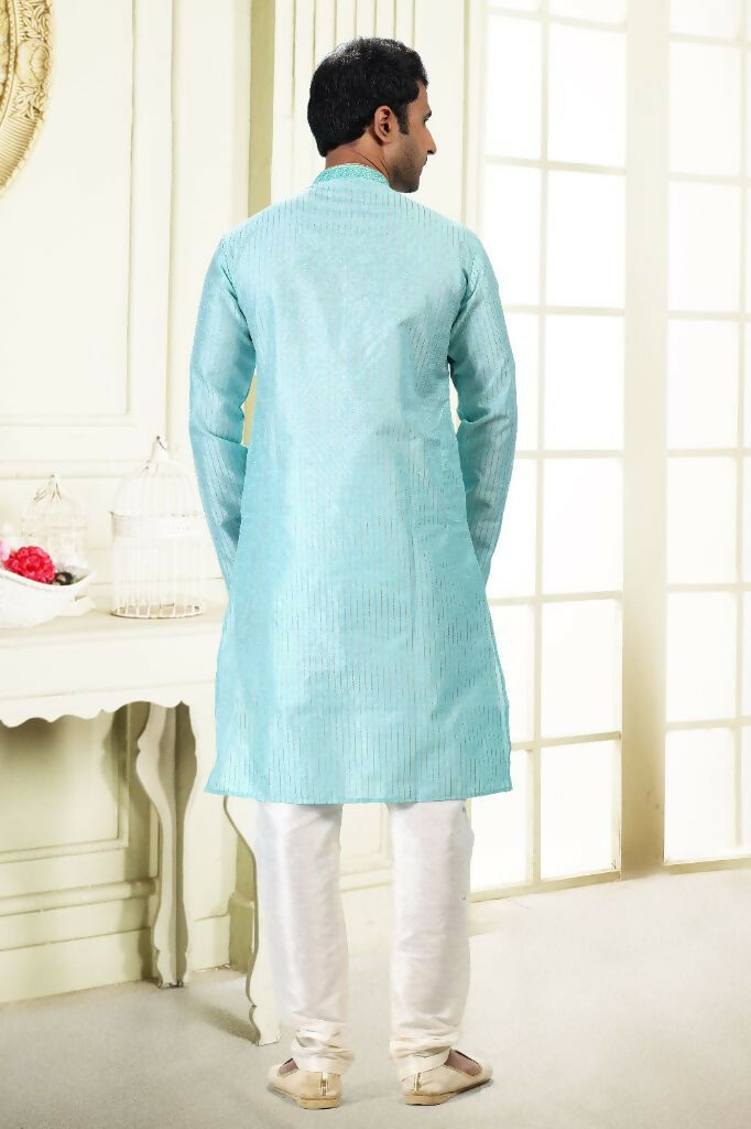 Raivat Ethnic Jacquard Art Silk Thread Work Kurta Pajama In Sky Blue Colour - Distacart
