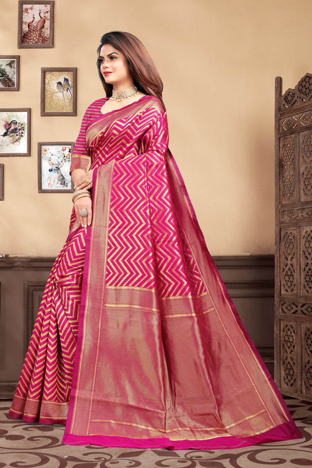 Vedant Vastram Litchi Silk Designer Banarasi Saree - Magenta - Distacart