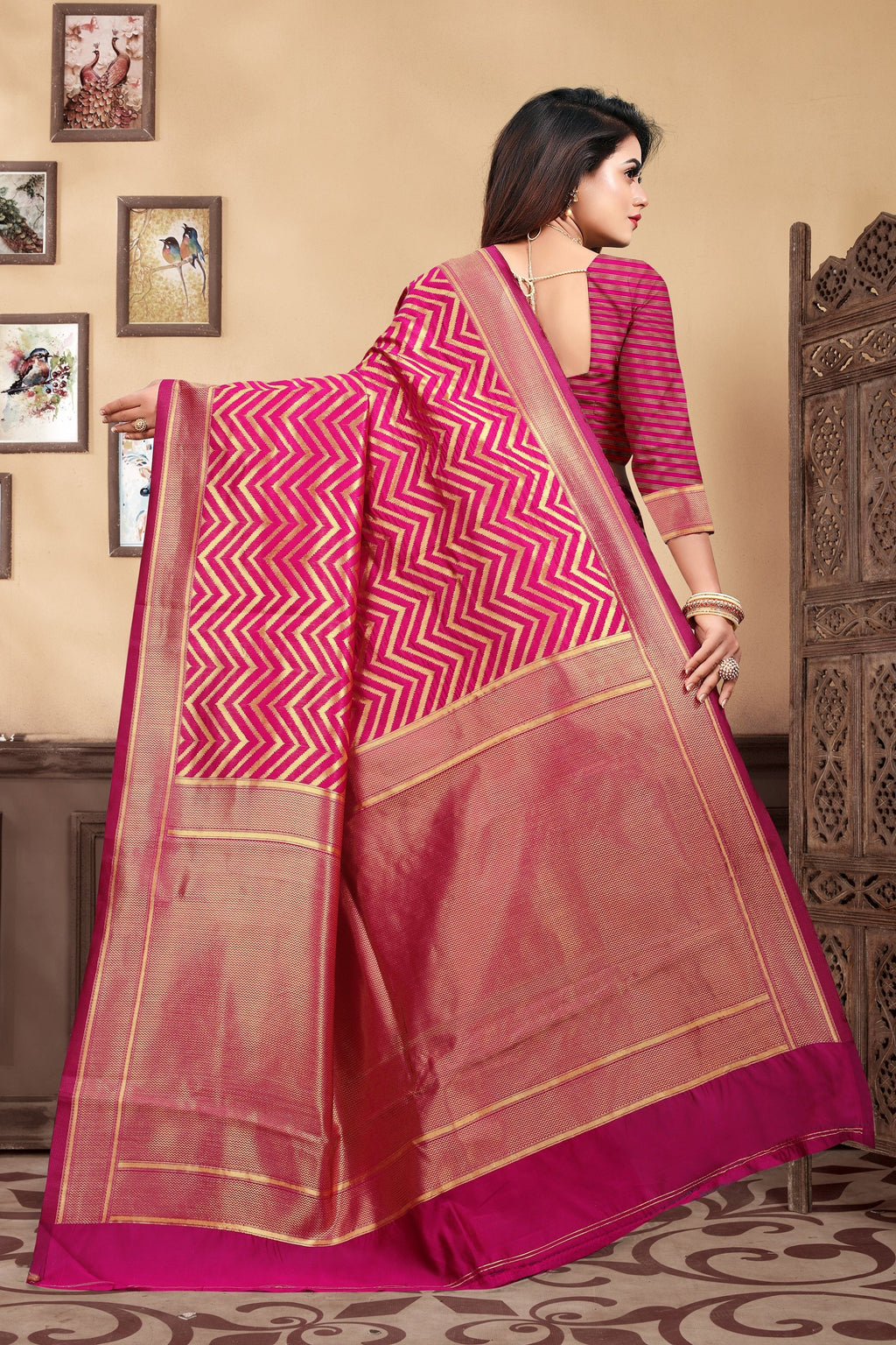 Vedant Vastram Litchi Silk Designer Banarasi Saree - Magenta - Distacart