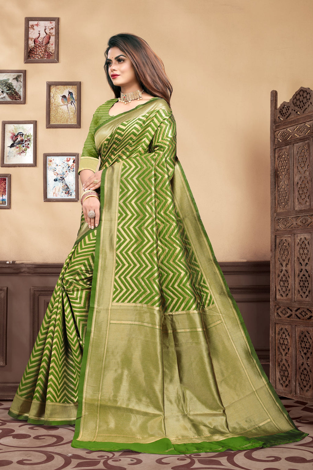 Vedant Vastram Litchi Silk Designer Banarasi Saree - Mehndi - Distacart
