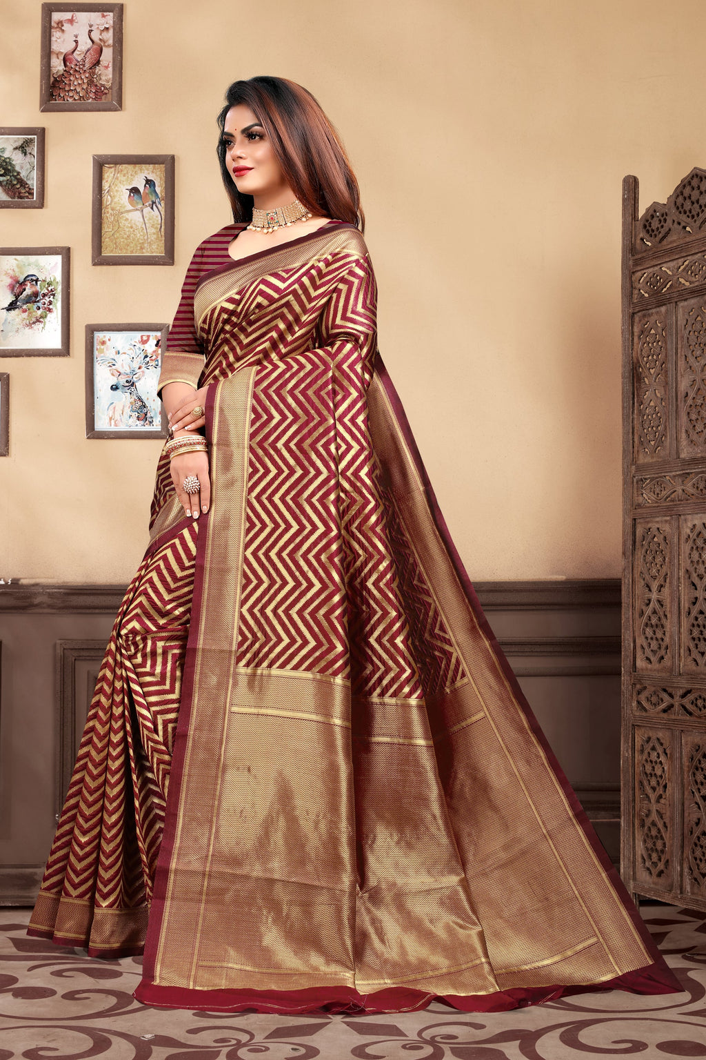 Vedant Vastram Litchi Silk Designer Banarasi Saree - Maroon - Distacart