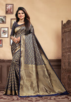 Vedant Vastram Litchi Silk Designer Banarasi Saree - Navy Blue - Distacart