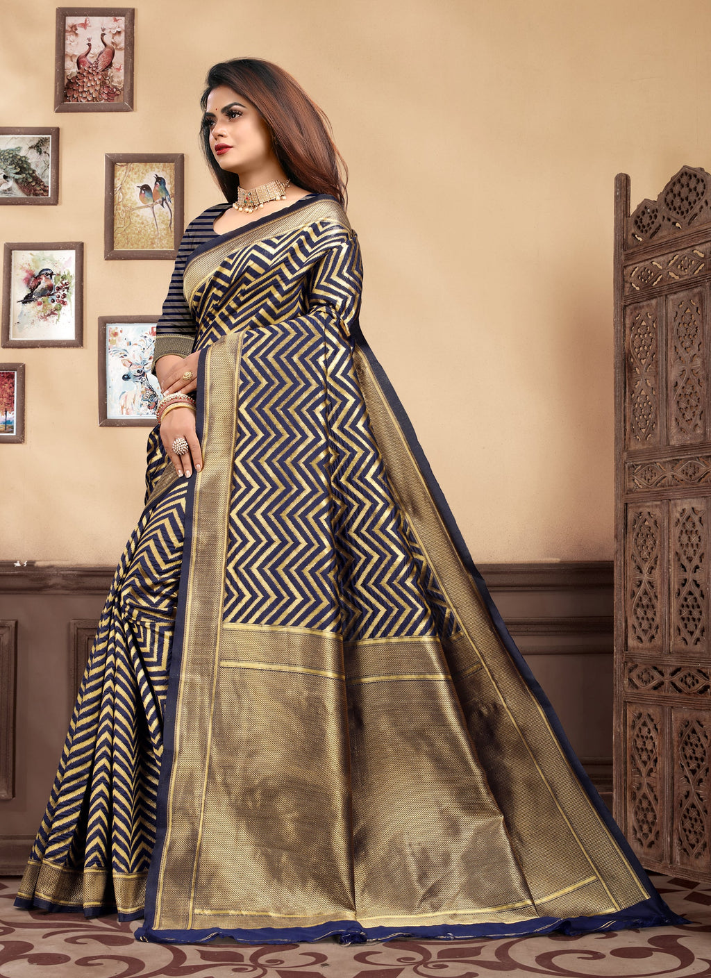 Vedant Vastram Litchi Silk Designer Banarasi Saree - Navy Blue - Distacart