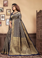 Vedant Vastram Litchi Silk Designer Banarasi Saree - Navy Blue - Distacart