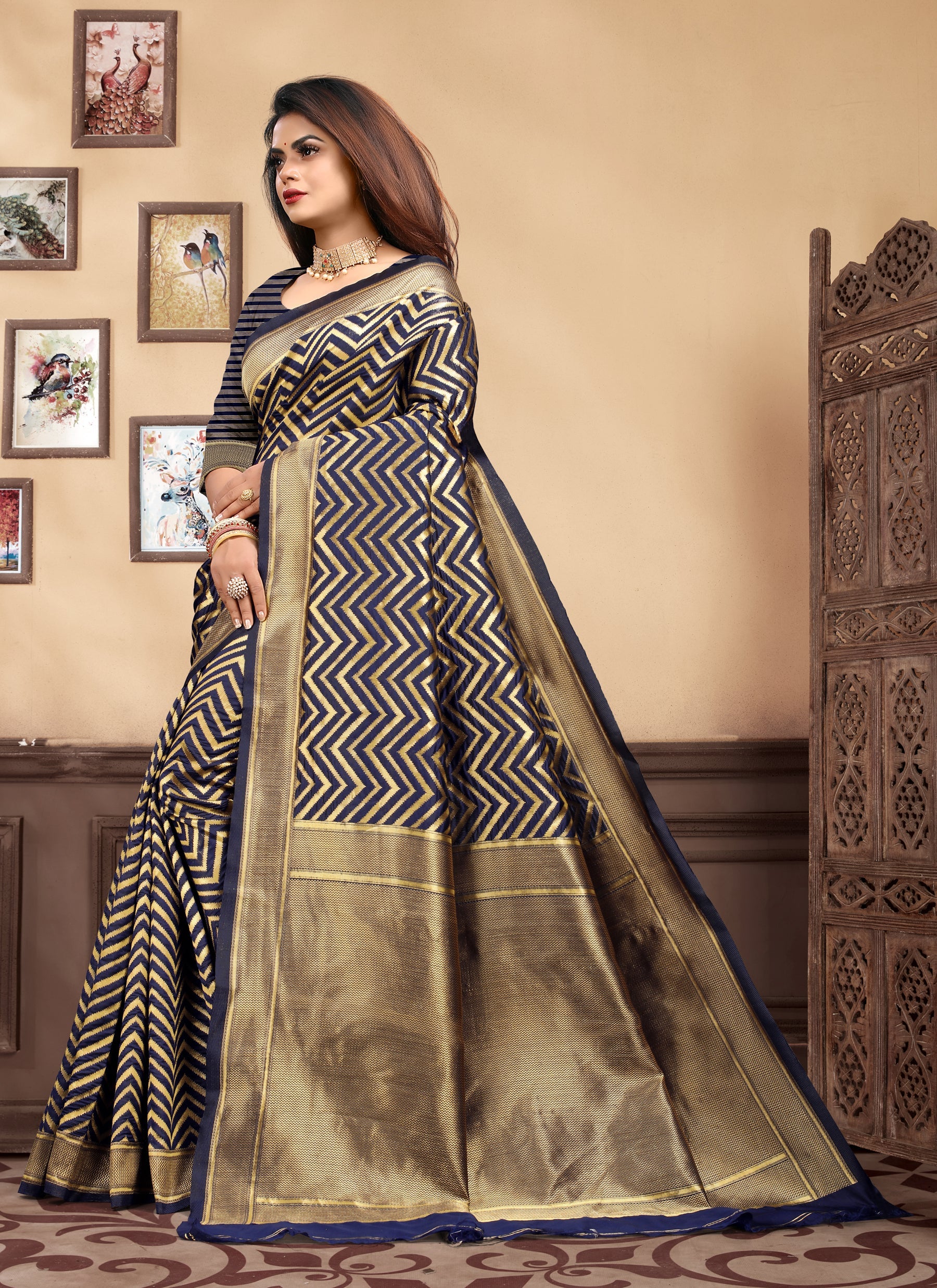 Vedant Vastram Litchi Silk Designer Banarasi Saree - Navy Blue - Distacart