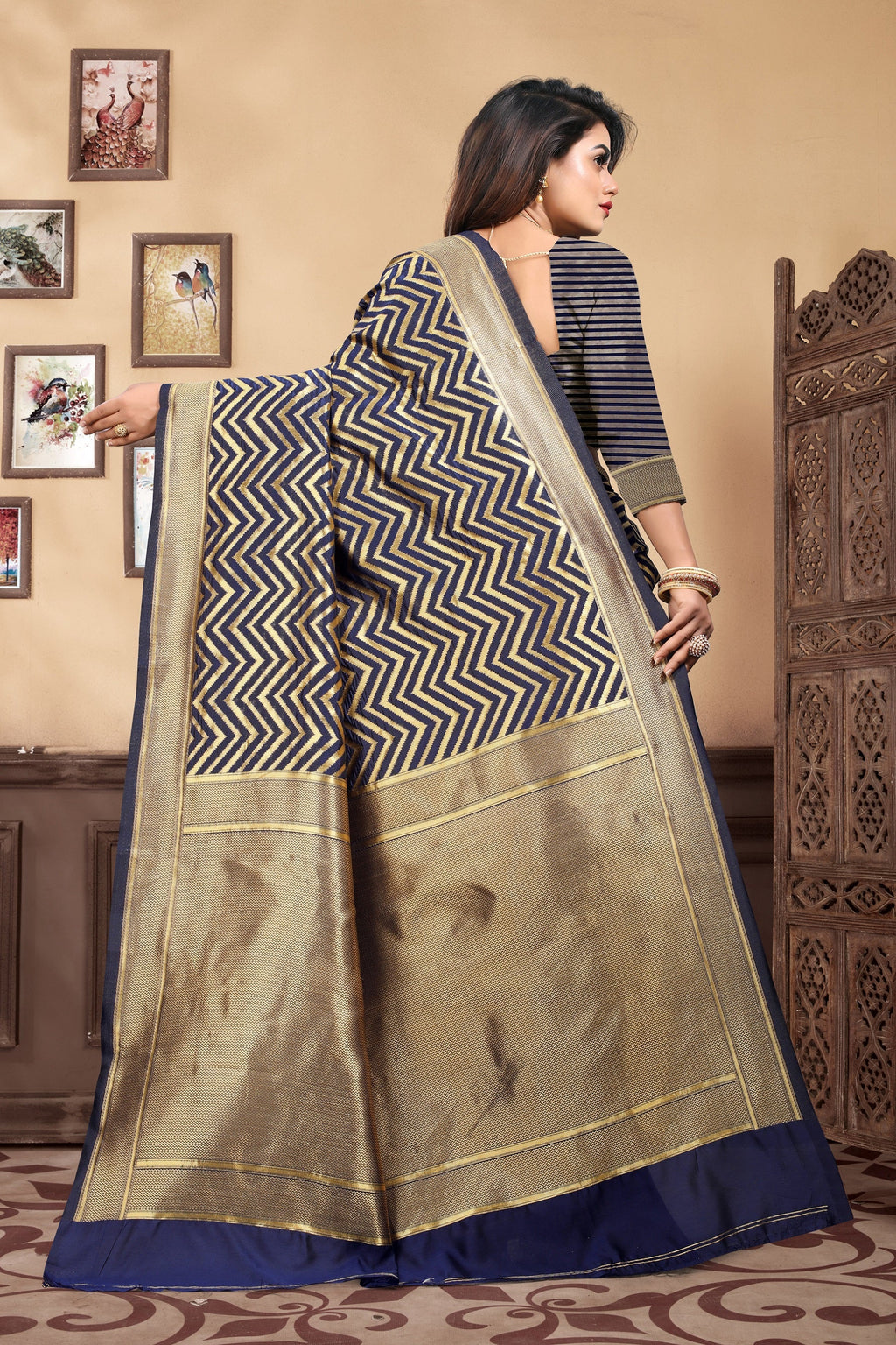 Vedant Vastram Litchi Silk Designer Banarasi Saree - Navy Blue - Distacart