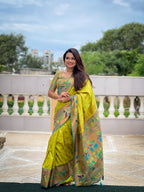 Vedant Vastram Soft Litchi Silk Paithani Jacquard Saree - Olive