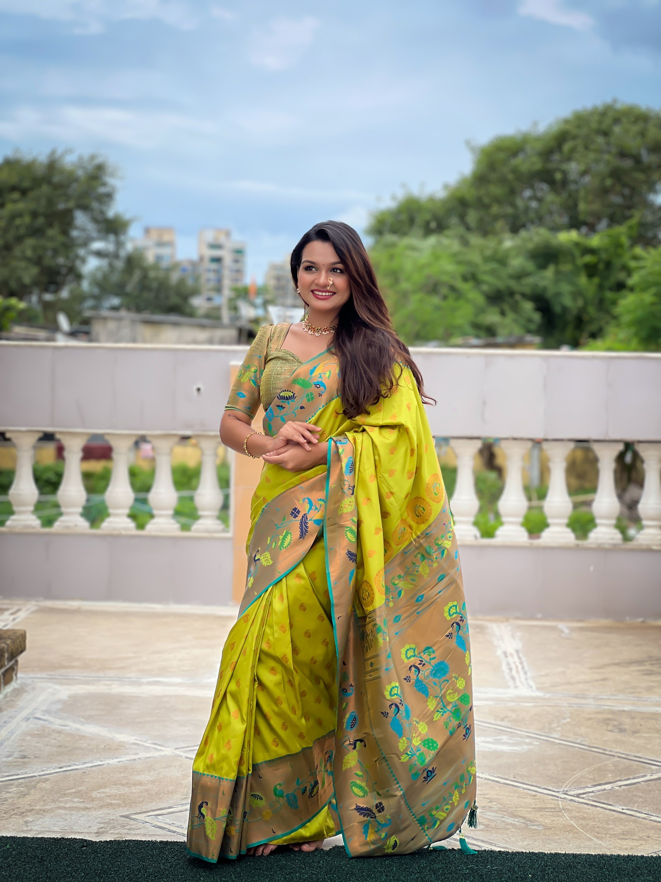 Vedant Vastram Soft Litchi Silk Paithani Jacquard Saree - Olive