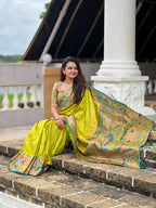 Vedant Vastram Soft Litchi Silk Paithani Jacquard Saree - Olive