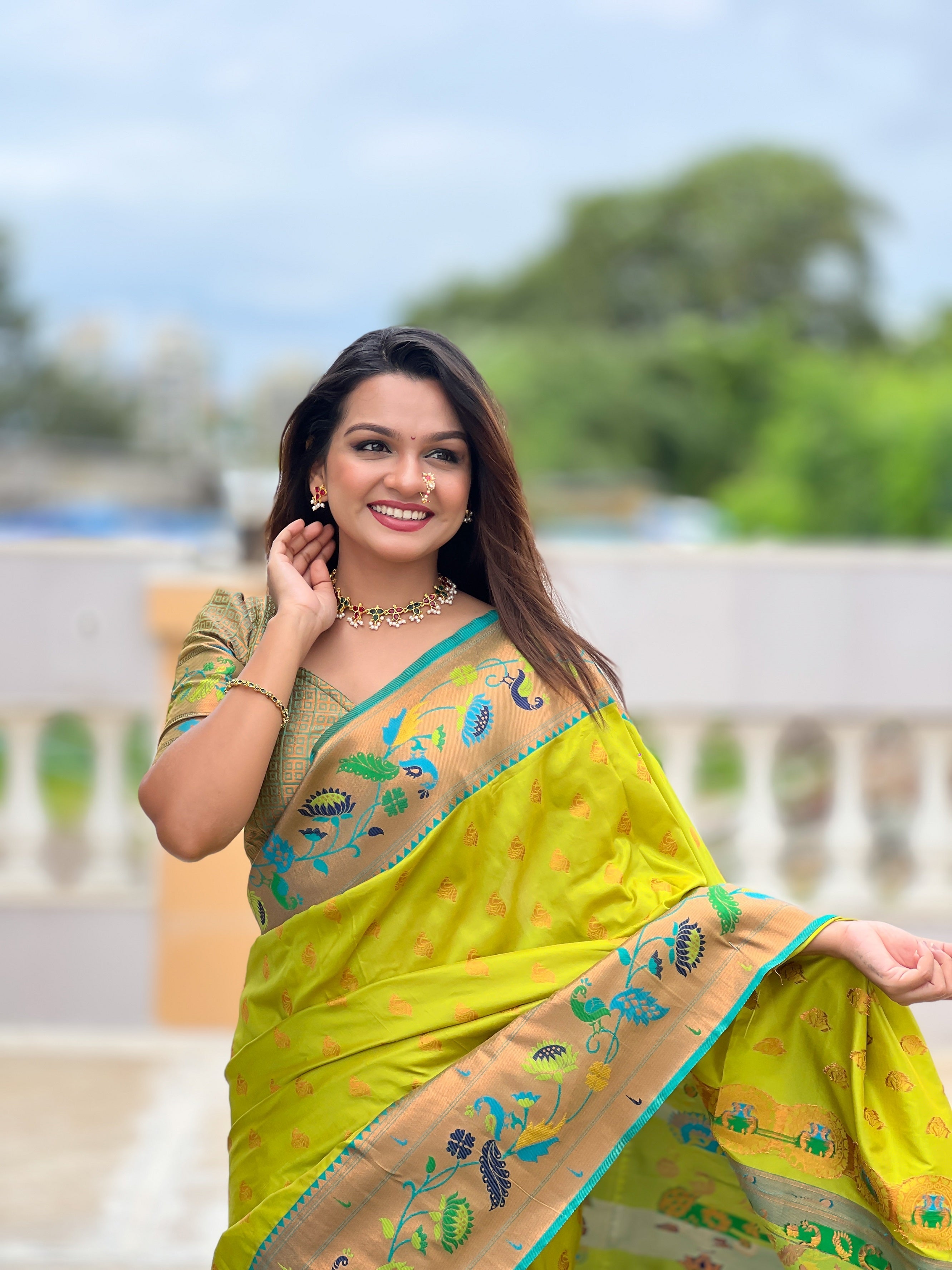 Vedant Vastram Soft Litchi Silk Paithani Jacquard Saree - Olive