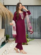 The52 Women's Gorgeous Rayon Embroidery Straight Kurta with Pant And Dupatta Set - Distacart