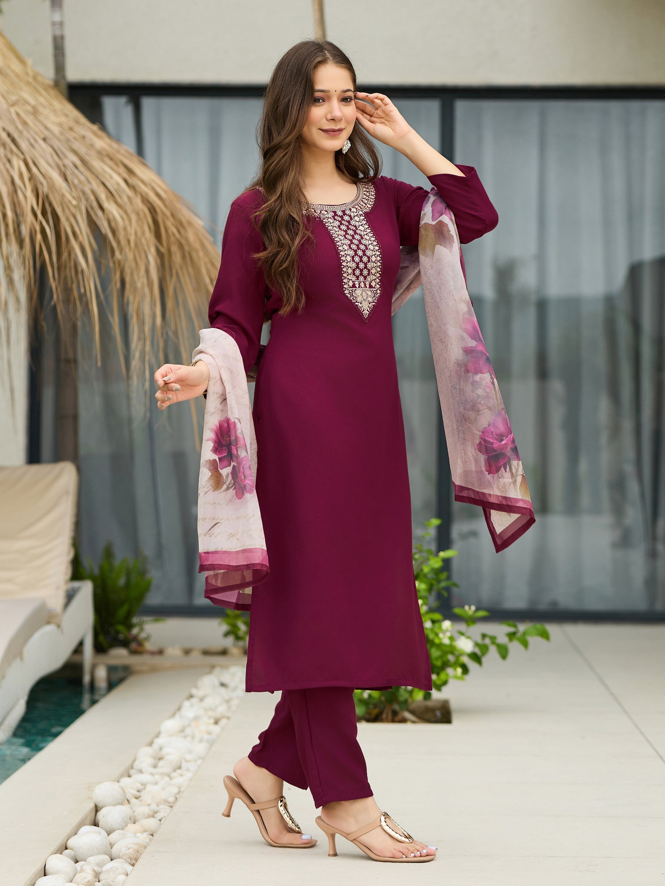 The52 Women's Gorgeous Rayon Embroidery Straight Kurta with Pant And Dupatta Set - Distacart