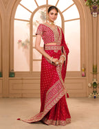 Teeya Creation Maroon Color Chinnon Silk Heavy Embroidery Work Saree - Distacart
