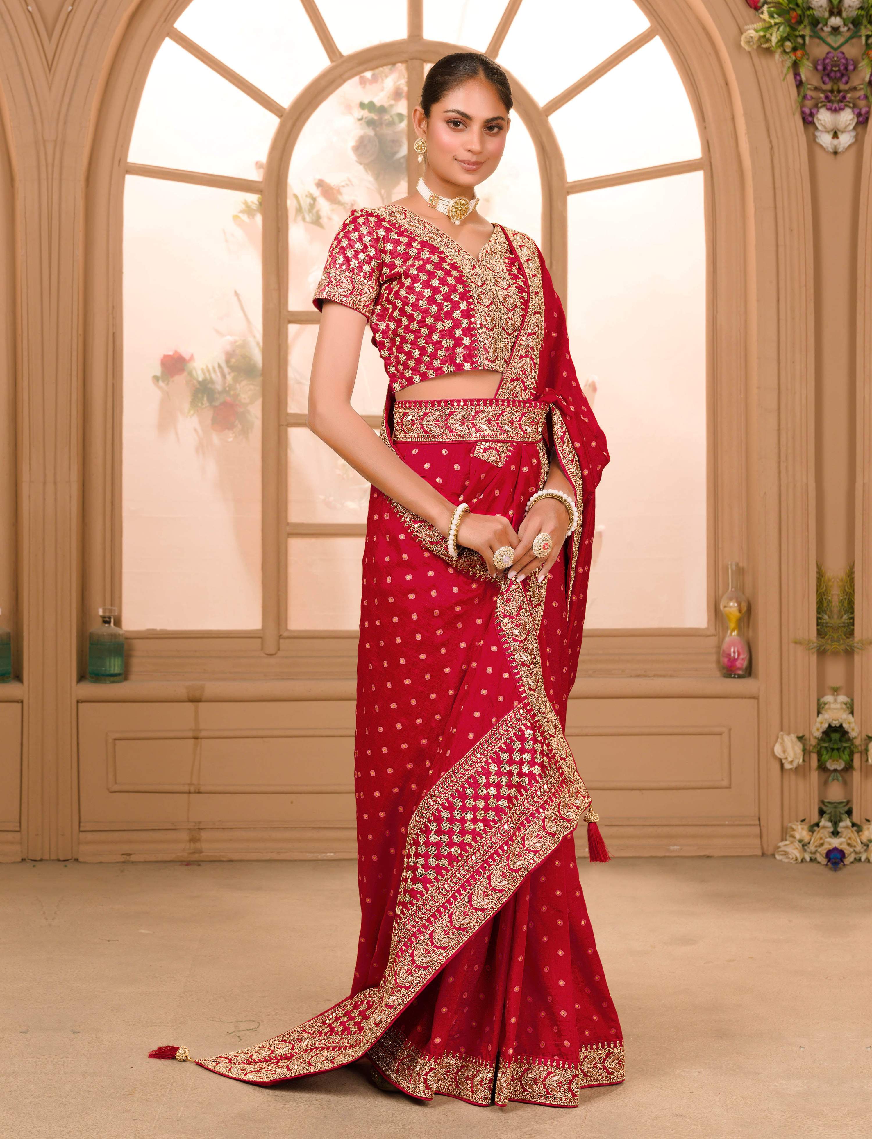 Teeya Creation Maroon Color Chinnon Silk Heavy Embroidery Work Saree - Distacart