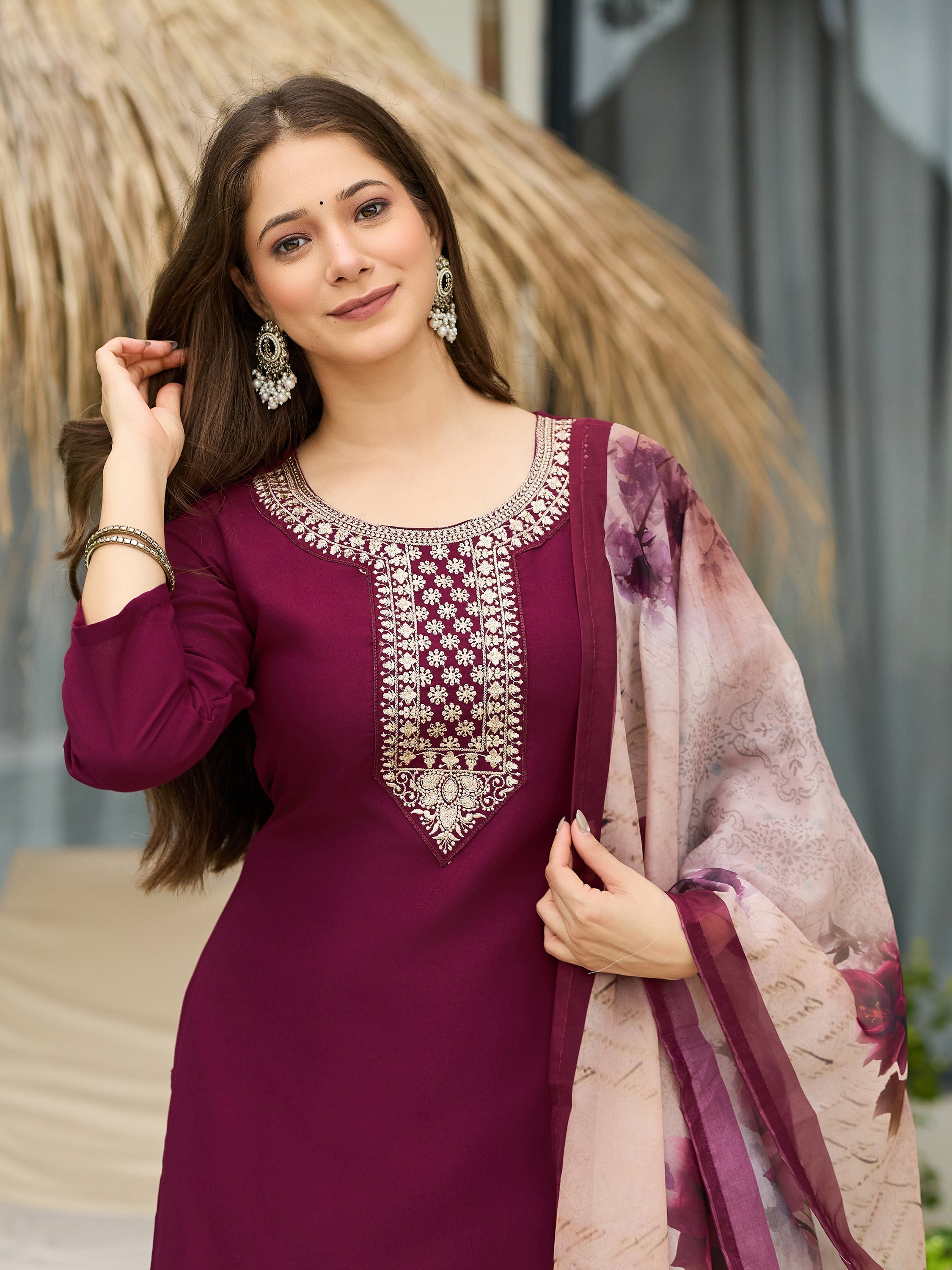 The52 Women's Gorgeous Rayon Embroidery Straight Kurta with Pant And Dupatta Set - Distacart