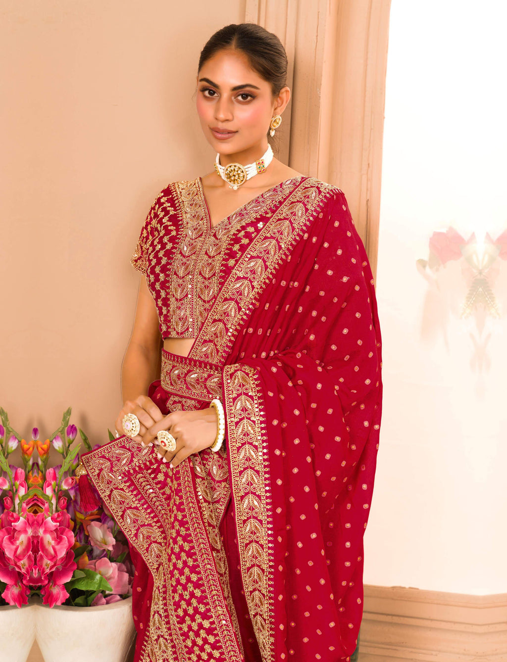 Teeya Creation Maroon Color Chinnon Silk Heavy Embroidery Work Saree - Distacart
