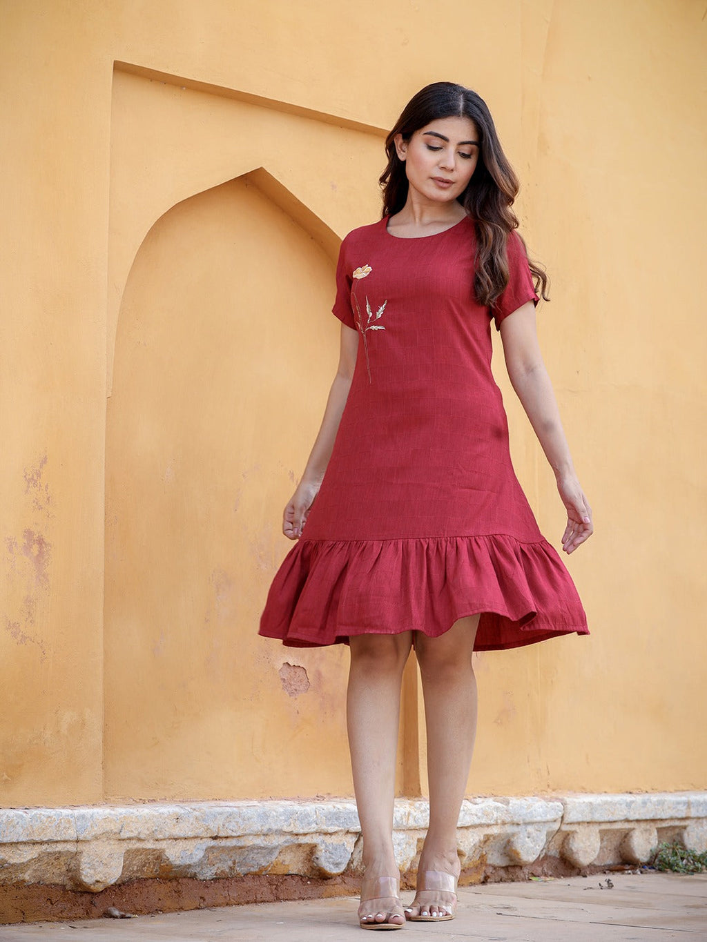 Yufta Maroon Floral Embroidered A-Line Midi Dress - Distacart