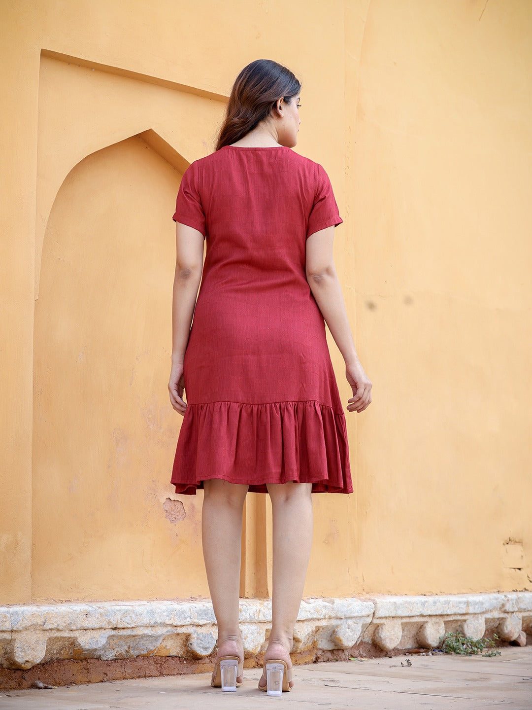 Yufta Maroon Floral Embroidered A-Line Midi Dress - Distacart