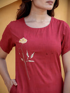 Yufta Maroon Floral Embroidered A-Line Midi Dress - Distacart
