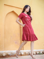 Yufta Maroon Floral Embroidered A-Line Midi Dress - Distacart