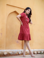 Yufta Maroon Floral Embroidered A-Line Midi Dress - Distacart