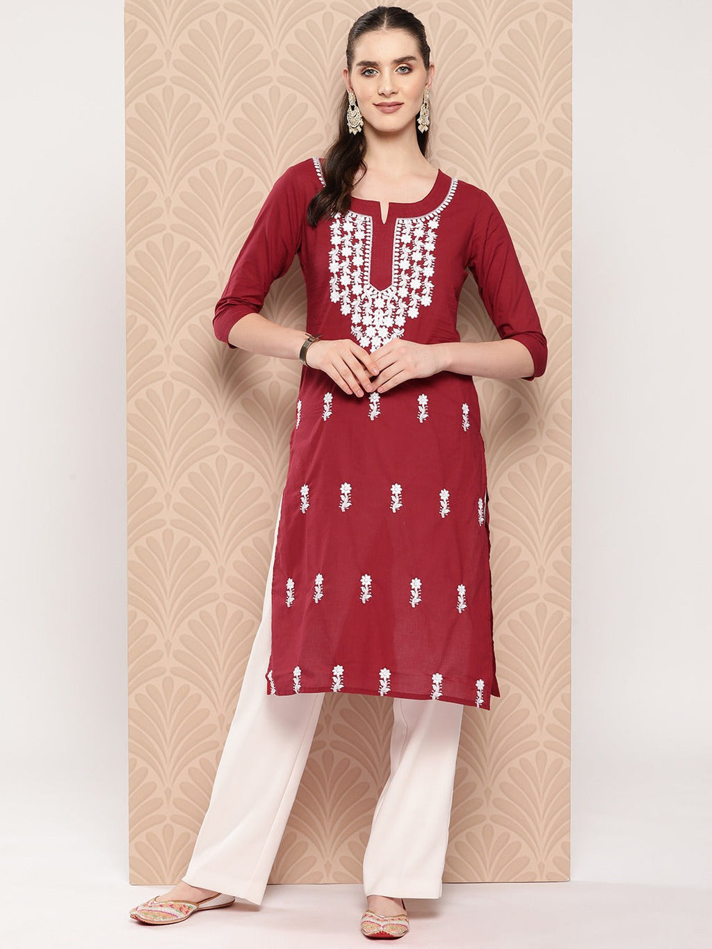 Yufta Maroon Floral Embroidered Pure Cotton Kurta