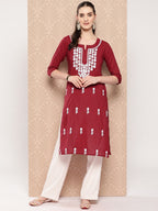 Yufta Maroon Floral Embroidered Pure Cotton Kurta
