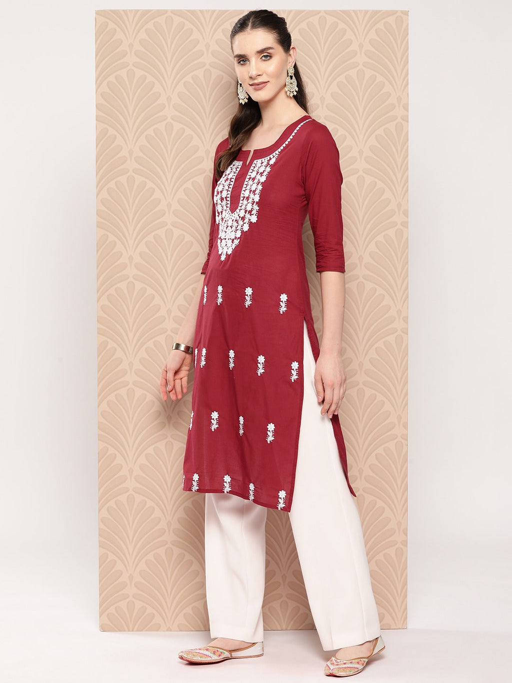 Yufta Maroon Floral Embroidered Pure Cotton Kurta